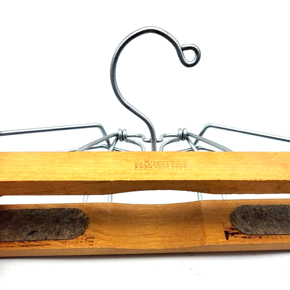 Vintage Wood Metal Suit Hanger Snapo Self Opening 19x7" Set of 2 - Picture 3 of 5